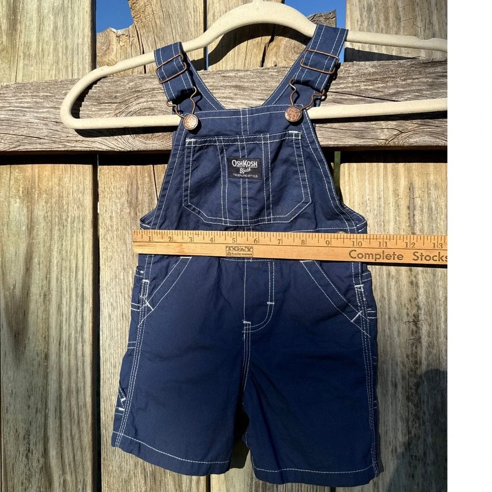 Vintage OshKosh B'gosh Made In USA Blue Canvas Overalls Shorts Snap Inseam